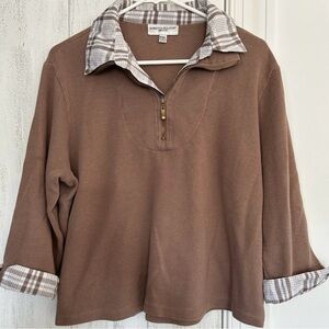 Rebecca Malone Brown Quarter-Zip Pullover with Plaid Collar and Cuffs